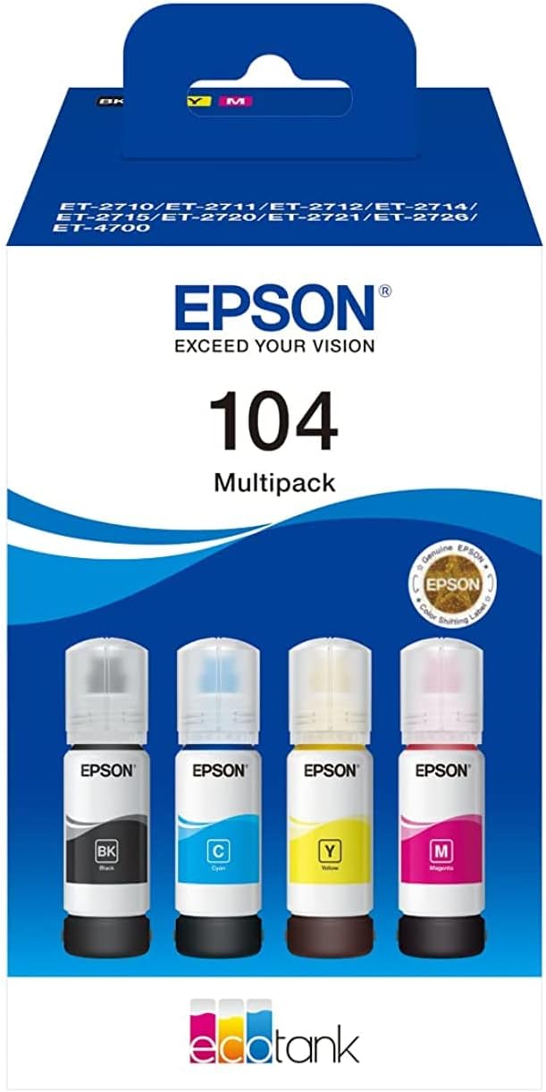 Bouteille encre EPSON 104 Pack de 4 (noire, cyan, jaune, magenta 65ml)
