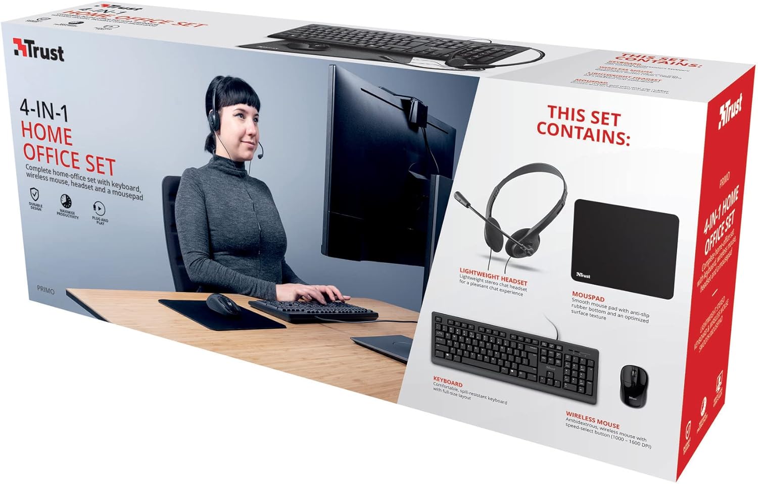 Combo clavier/souris filaires + tapis + casque ac micro TRUST Primo Office Set