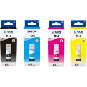 Bouteille encre EPSON 104 noire, cyan, jaune ou magenta 65ml